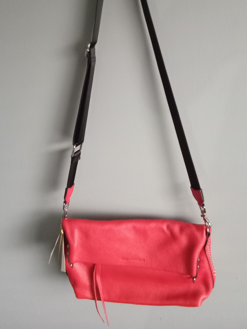 Aimee Kestenberg Coral-Red Leather Crossbody with Black Strap